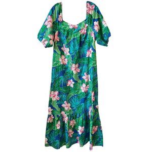 Vintage Hilo Hatties Hawaii Green Pink Floral Maxi Dress XL Hawaiiana Cotton Vtg